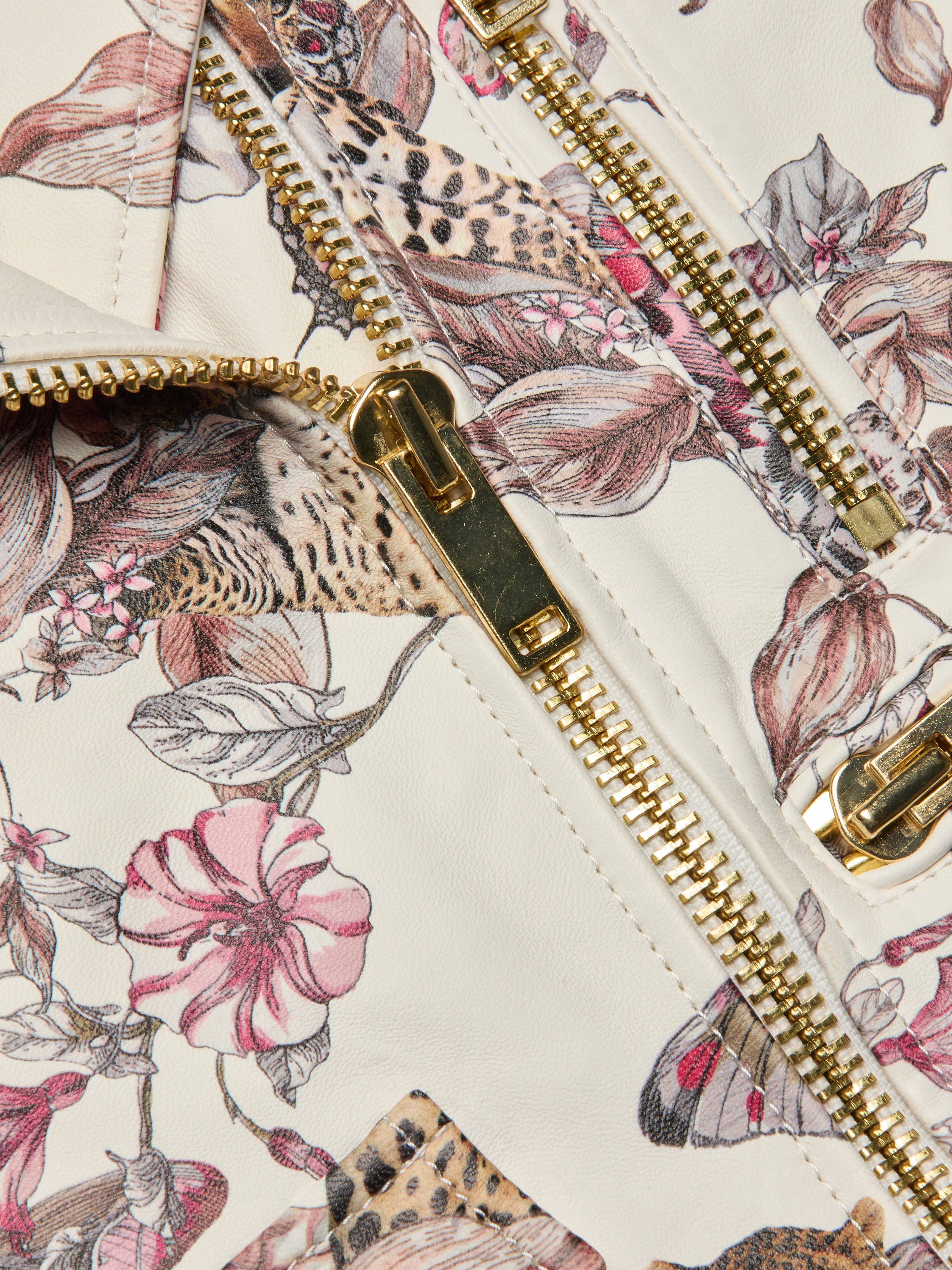 Blakely Leather Biker Jacket In White Multi Small Butterfly Jungle