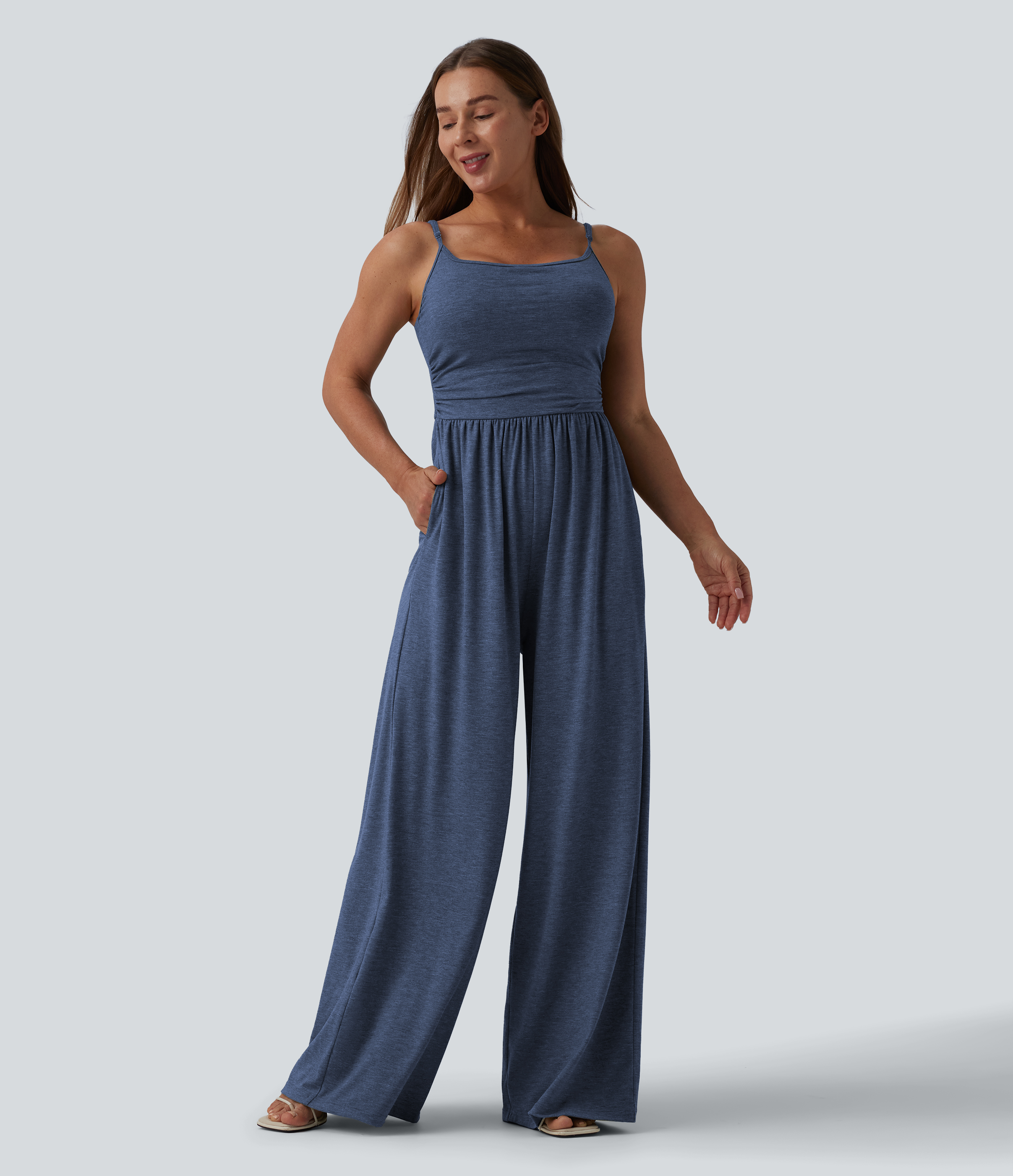 Adjustable Straps Ruched Wide Leg Heathered Casual Jumpsuit with Pockets-Easy Peezy  - Mottled Indigo