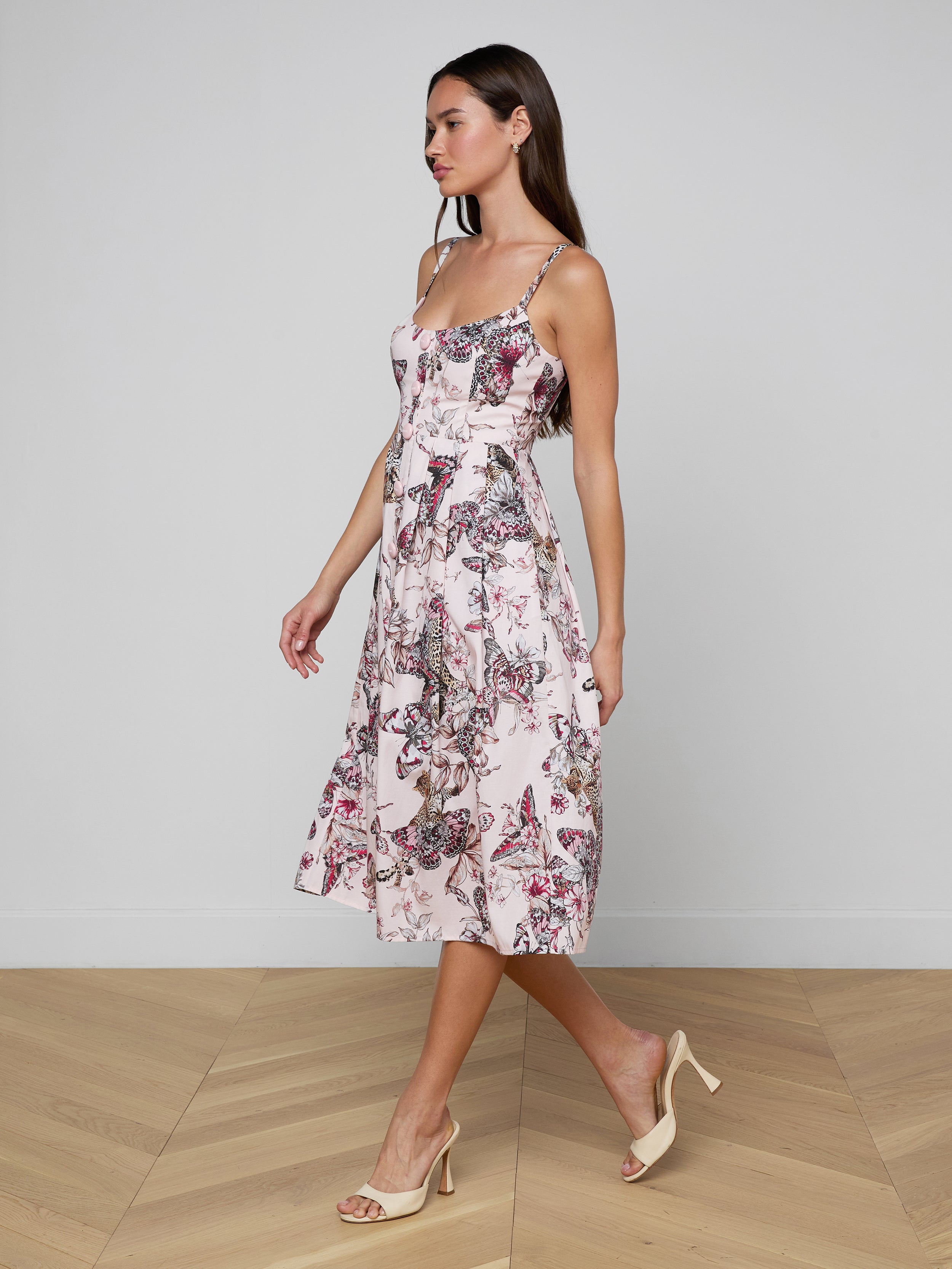 Reanne Midi Dress In Light Nectar Pink Multi Large Butterfly Jungle