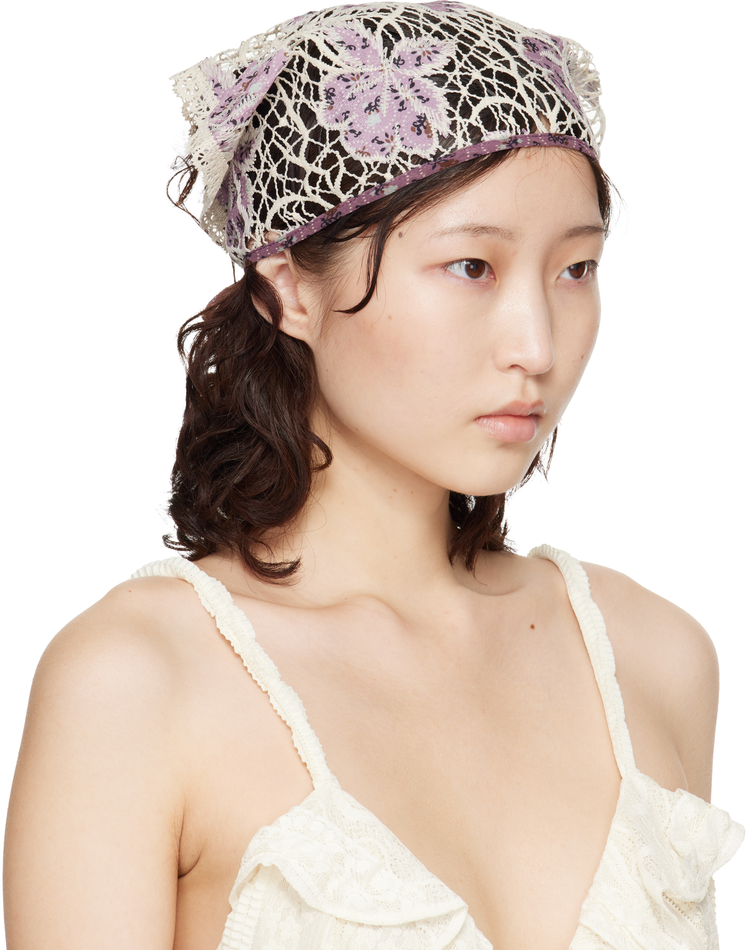 Purple & Off-White Medallion Floral Lace Headscarf