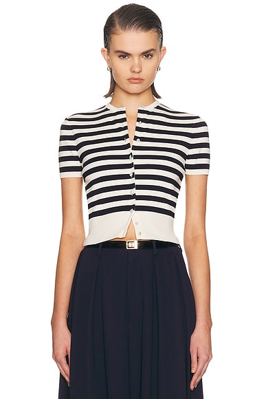Ralph Lauren Collection Short Sleeve Cardigan in Lux Cream & Icon Navy - Cream. L also in
