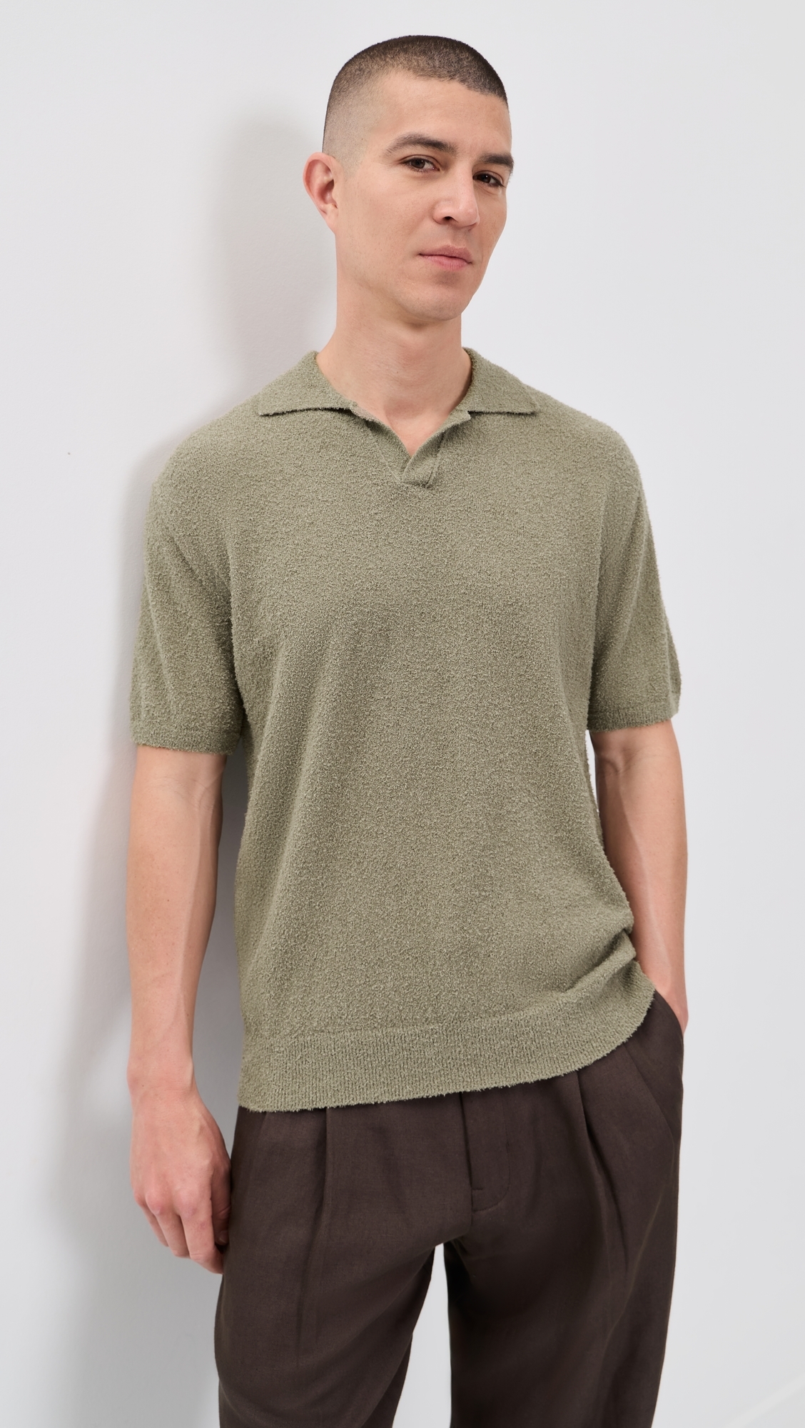 Boucle Knit Polo Pebble Green