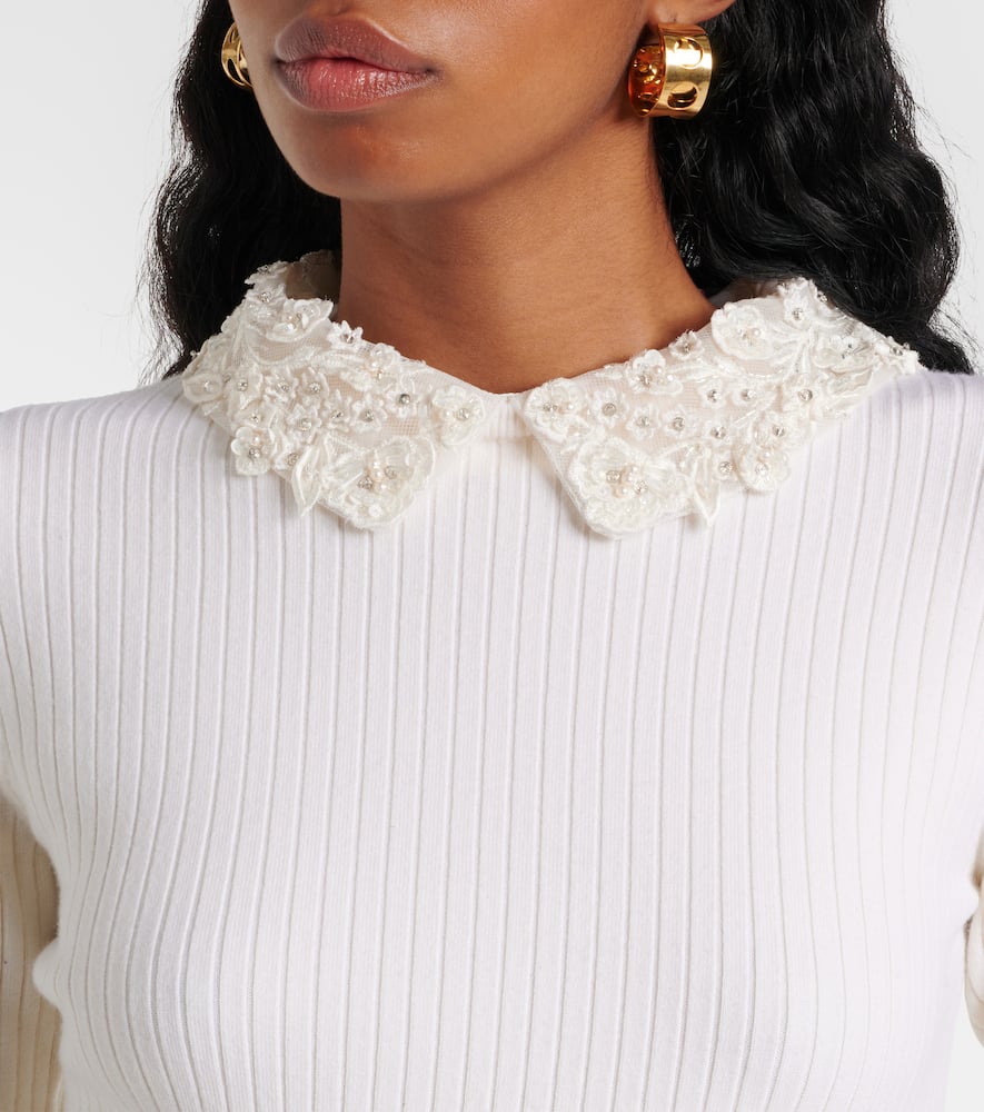Embellished ribbed-knit wool top