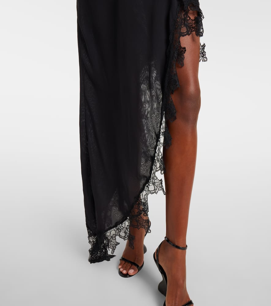 Asymmetric lace-trimmed midi dress
