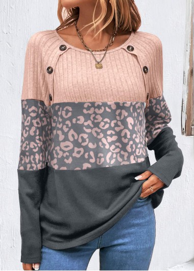 Modlily Decorative Button Light Pink Leopard Long Sleeve T Shirt