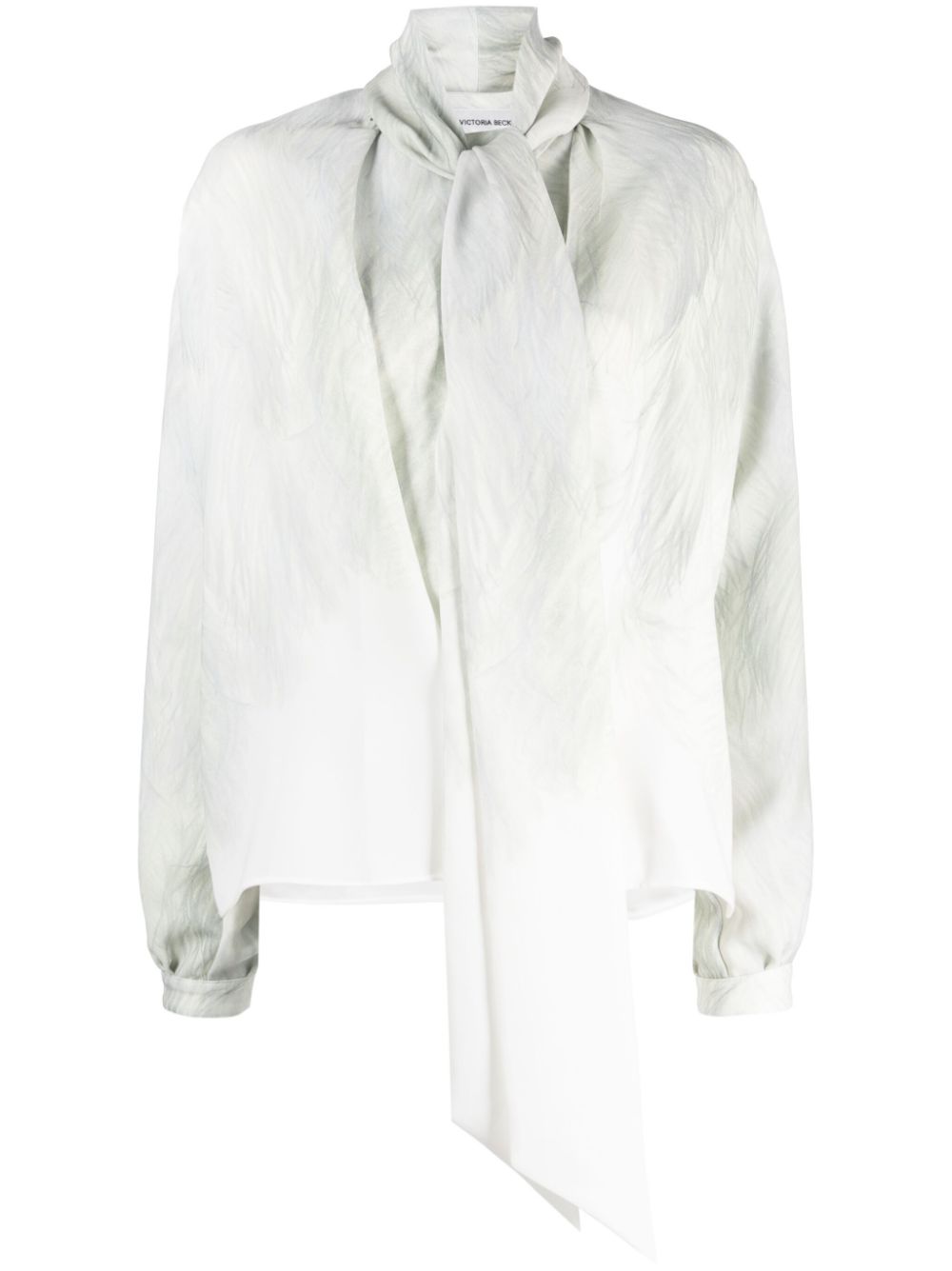 Feather-print bow-collar top - White