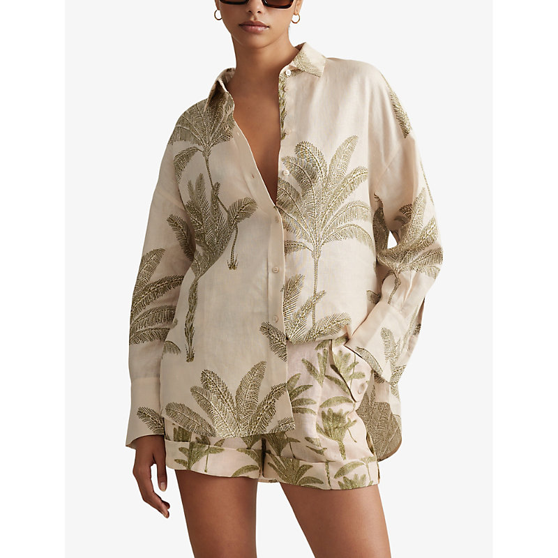 Womens Neutral Oskia Palm Tree-print Linen Shirt