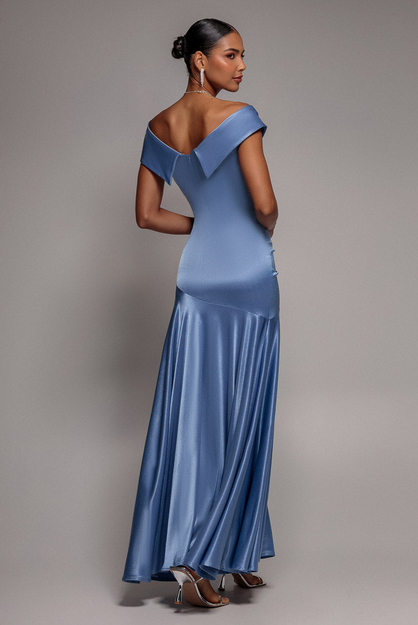 Goddiva Satin Off Shoulder Pleated Maxi Dress - Dusty Blue