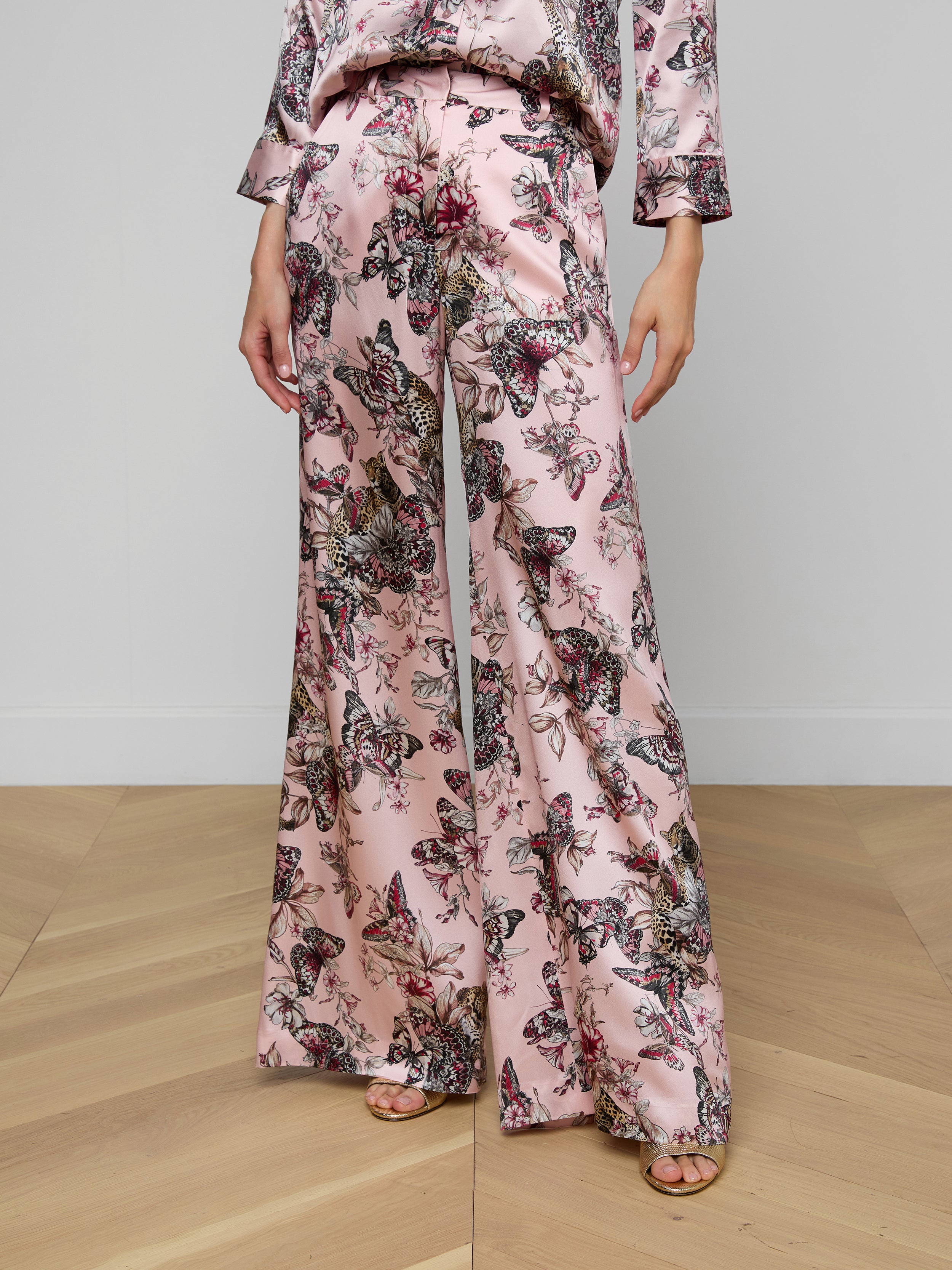 Pilar Silk Wide-Leg Pants In Light Nectar Pink Small Multi Butterfly Jungle