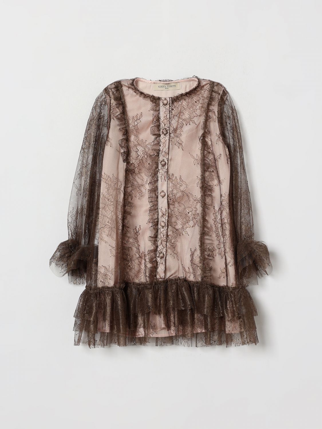 Girl's Long-Sleeved Lace Occasion Dress with Crew Neck