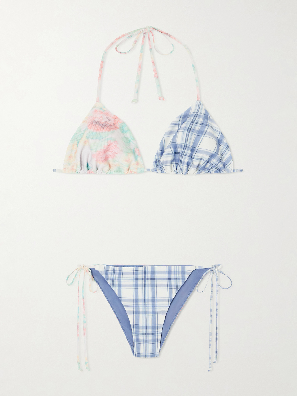 Eini Floral-printed And Checked Bikini - Blue