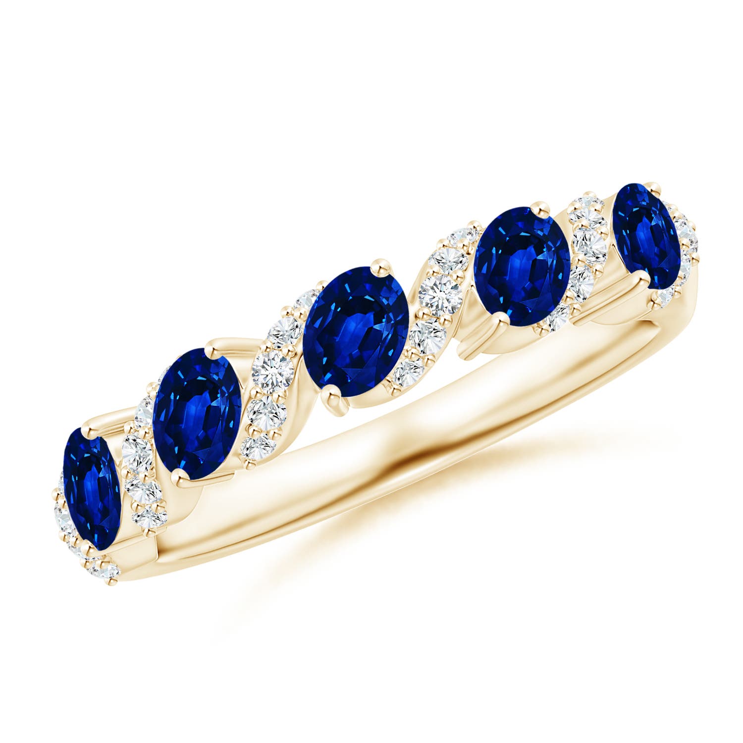 Angara 1.0 Carat Five Stone Oval Sapphire Swirl Ring with Diamonds in 18K Yellow Gold