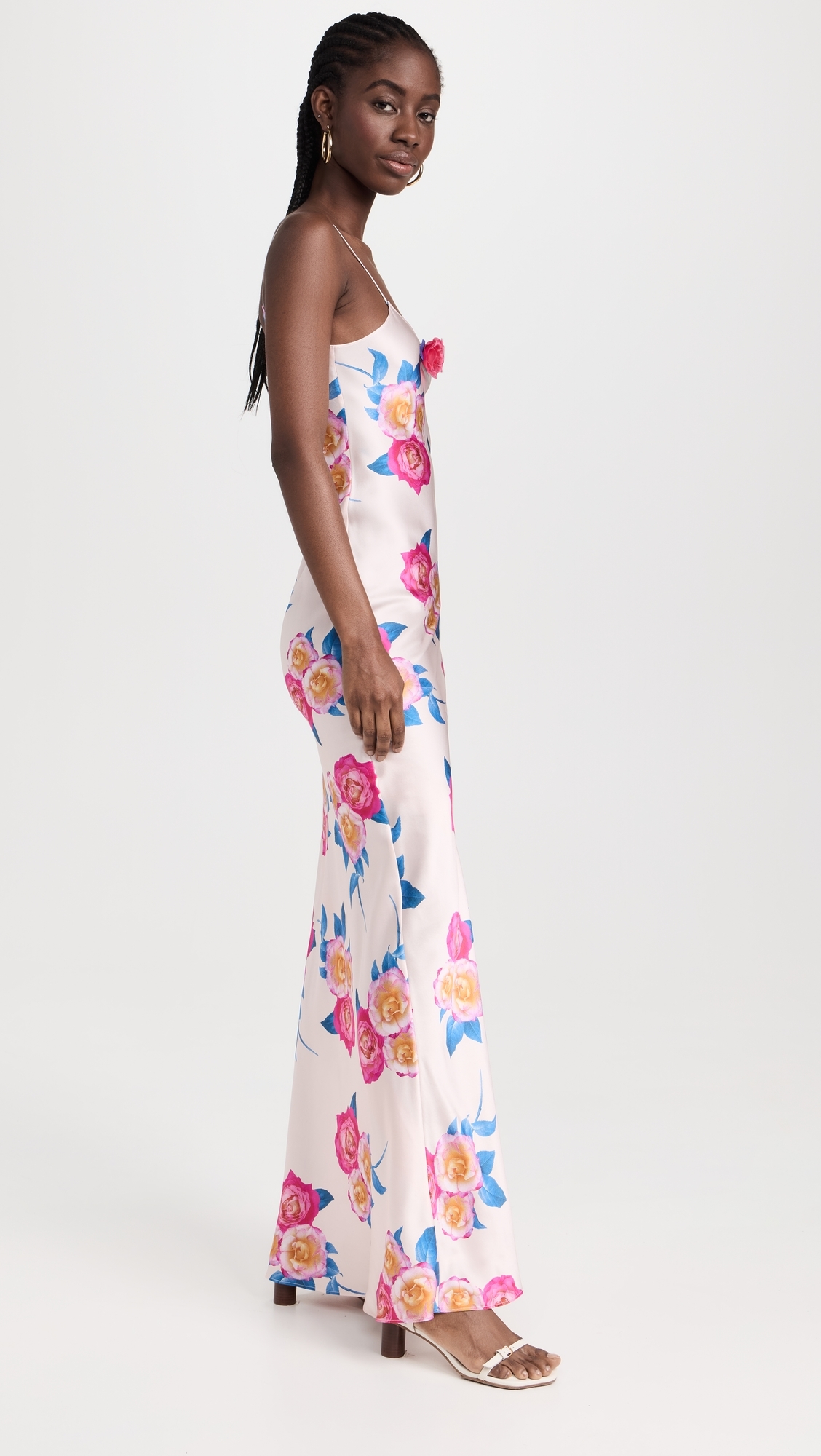 Pink and Blue Rose Printed Silk Bias Long Slip Dress Pink