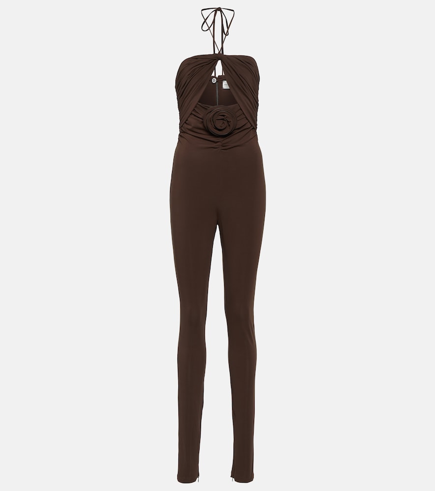 Floral-appliqué cutout jersey jumpsuit