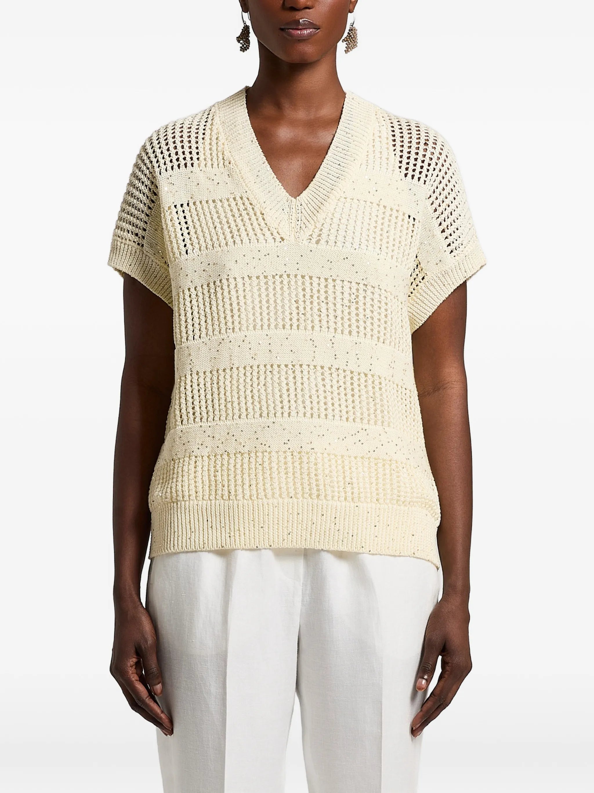 Open-Knit V-Neck Sweater — Cream