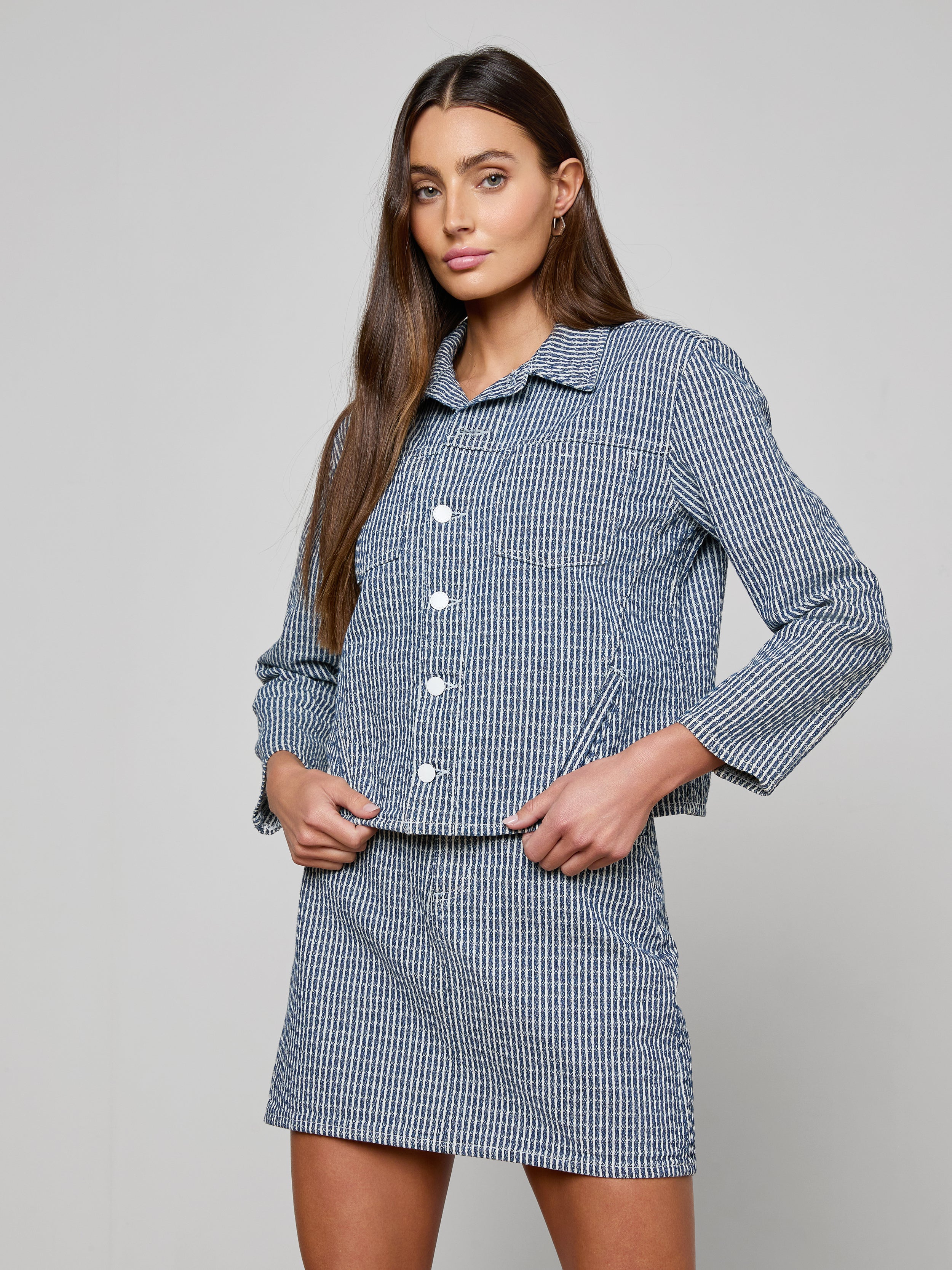 Nelly Cropped Jean Jacket In Vista Blue Stripe