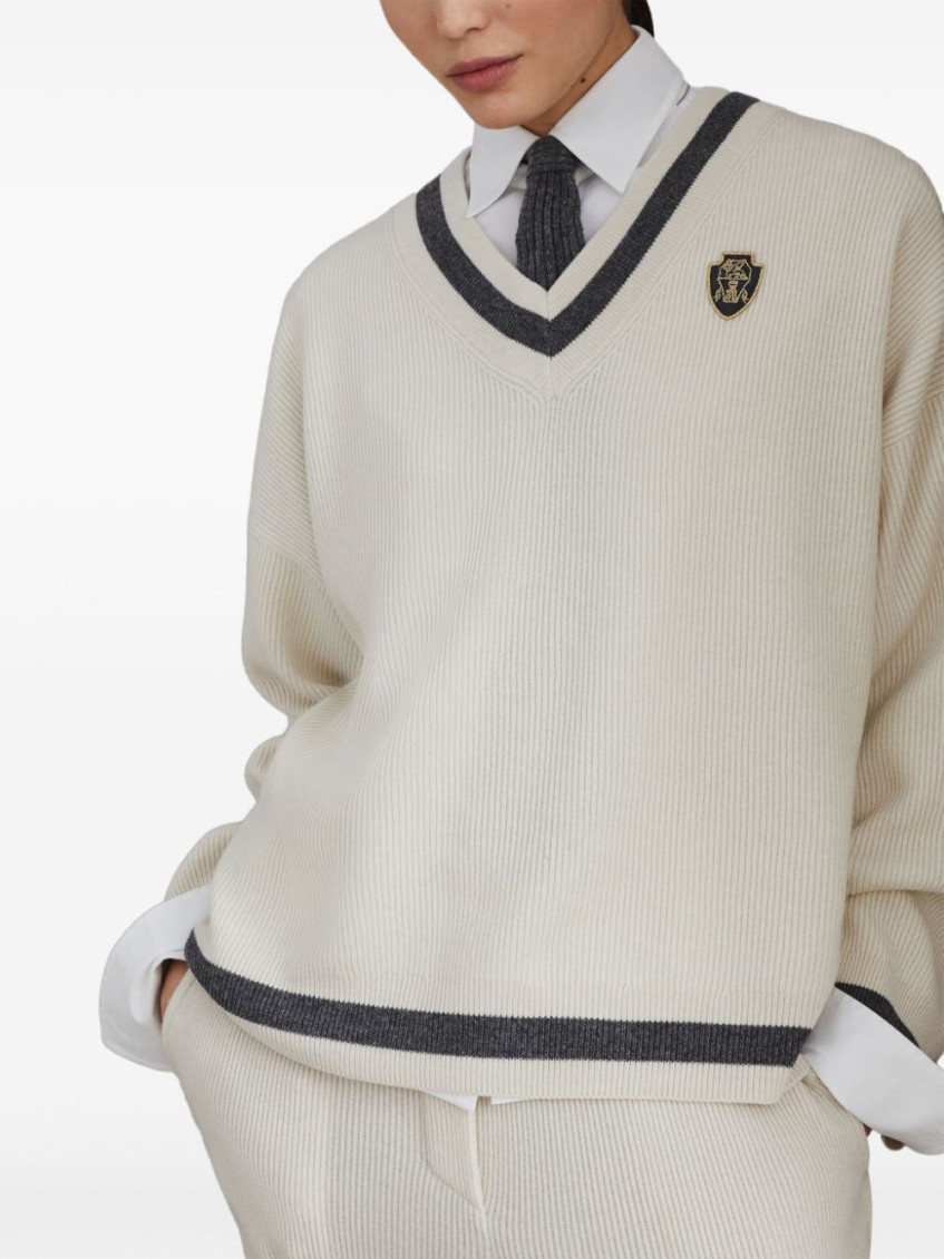 Ribbed Cashmere Sweater With Contrasting Stripe
