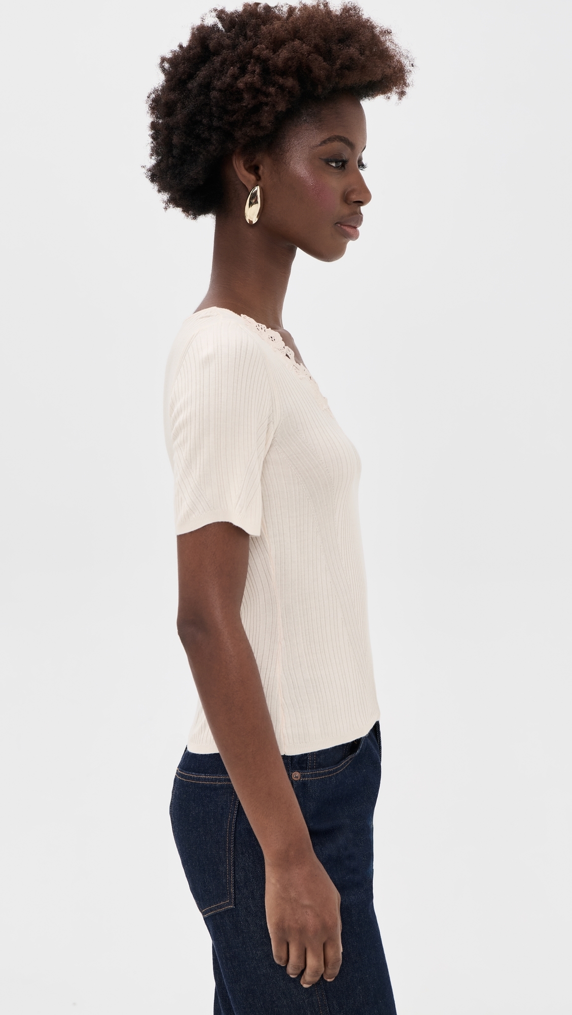 Celeste Short Sleeve Knit Top with Lace Pearled Ivory