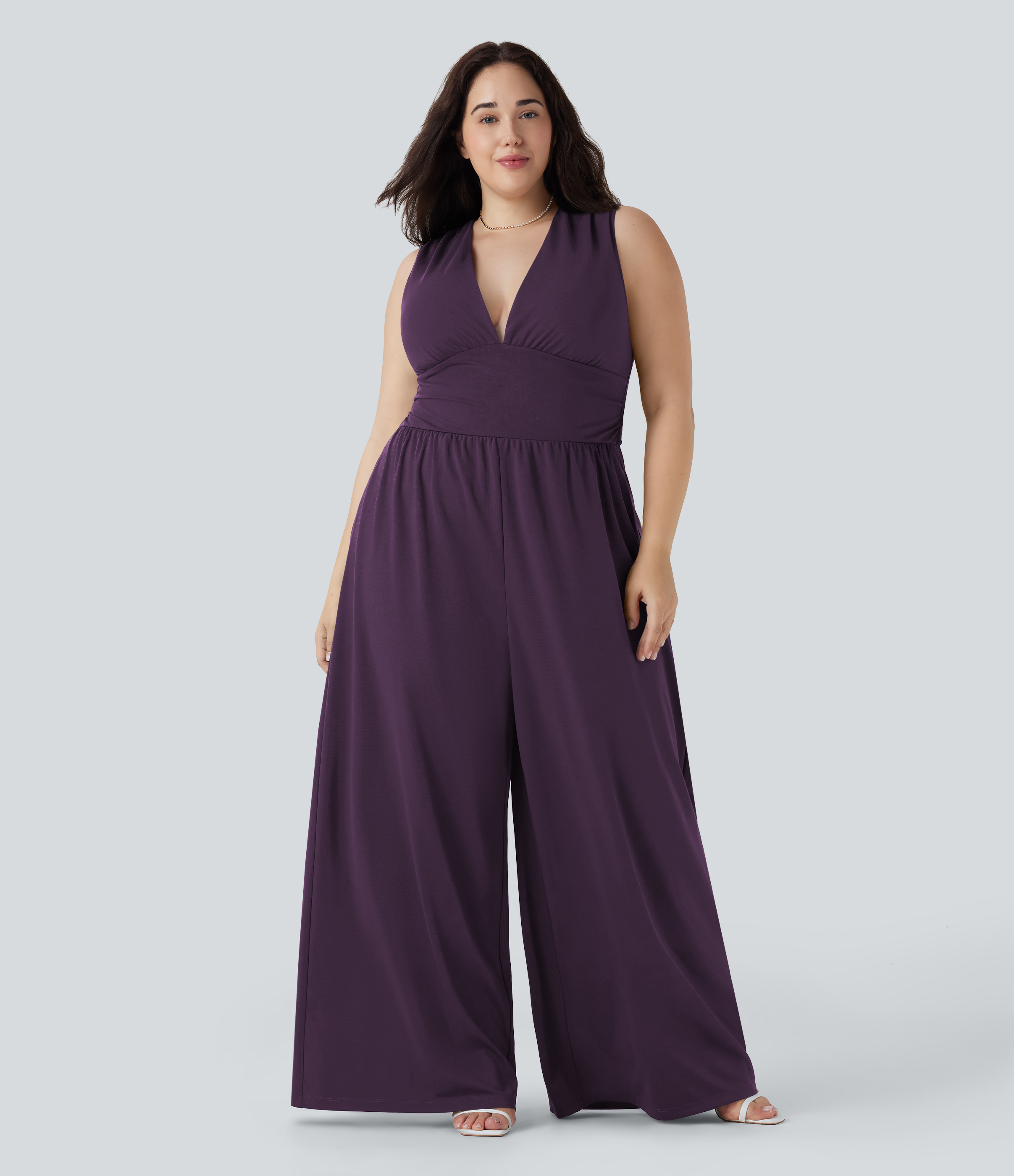 Plus Size V Neck Sleeveless Jumpsuit with Pockets-Easy Peezy Edition  - Purple Pennant