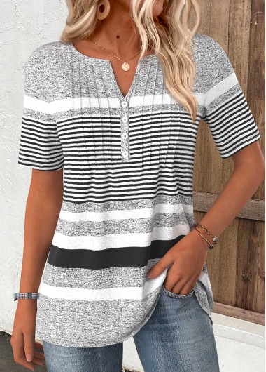 Modlily Light Grey Marl Striped Short Sleeve T Shirt