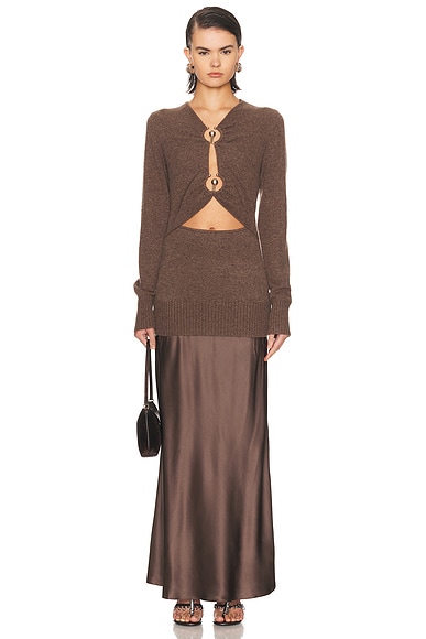 Christopher Esber Orbit Ruched Monument Long Sleeve Dress in Umber - Chocolate. L also in M