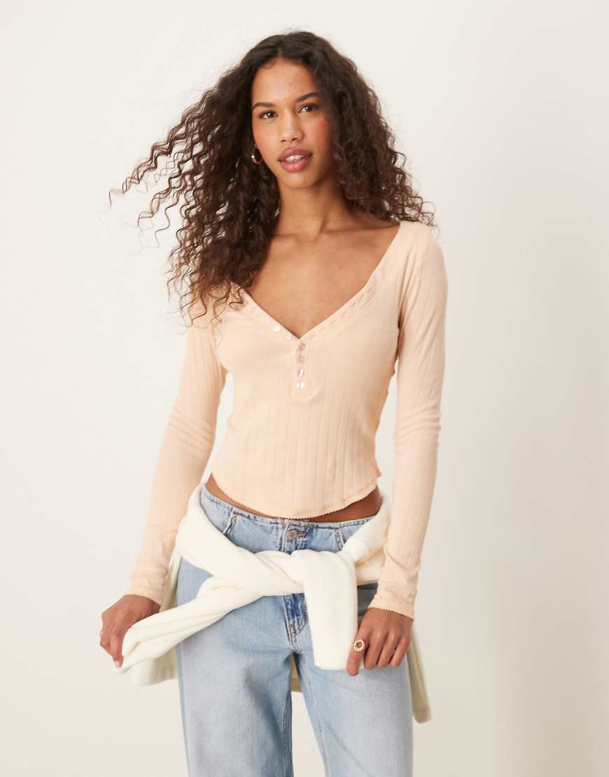 Coffee chat long sleeve henley top in chocolate-Orange