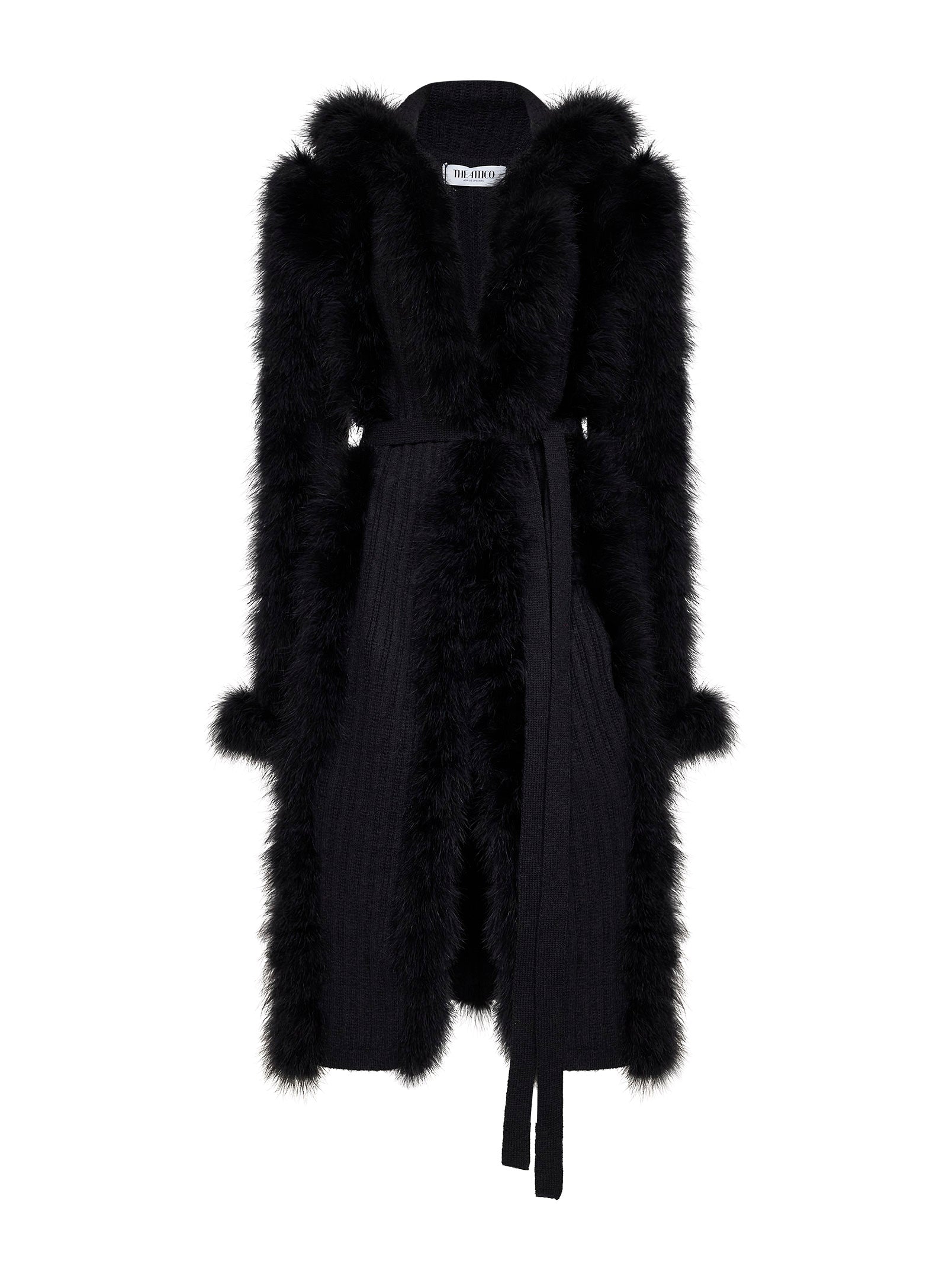 Feather-Trimmed Alpaca Knit Cardigan — Black
