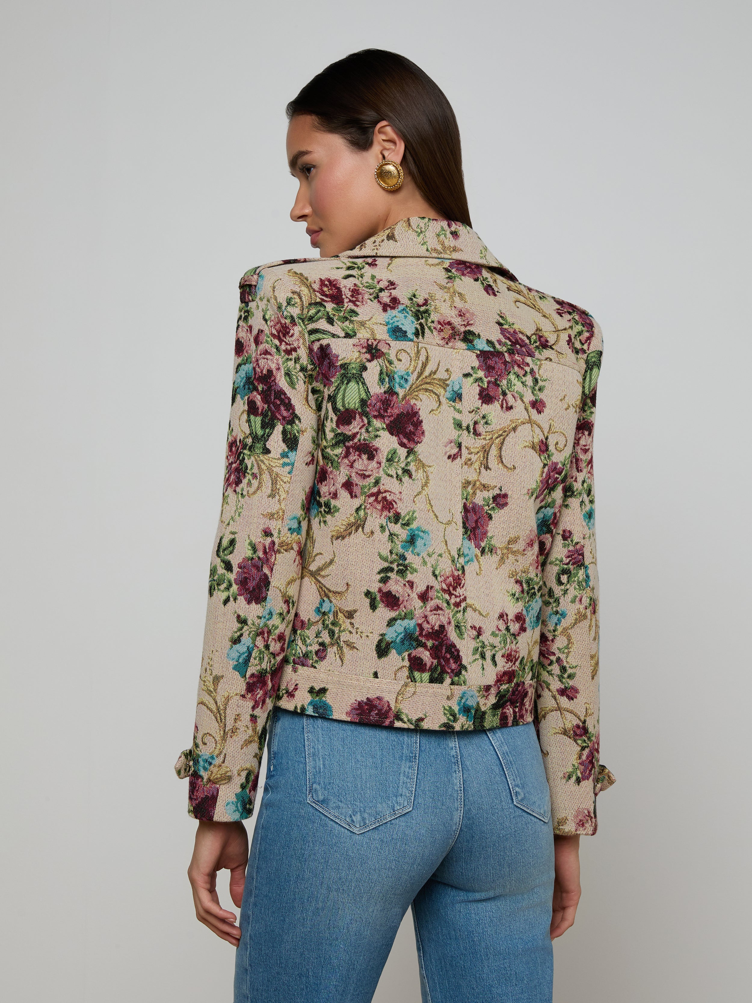 Xoey Cropped Trench Coat In Multi Floral Tapestry