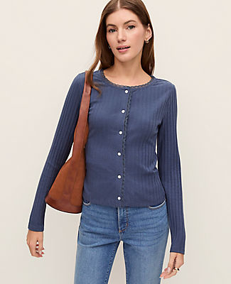 Ann Taylor Weekend Lace Trim Pointelle Cardigan