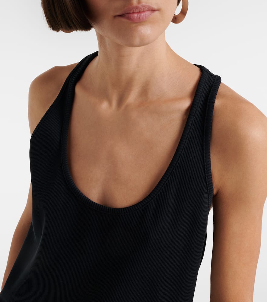 Ribbed-knit feather-trimmed cotton minidress