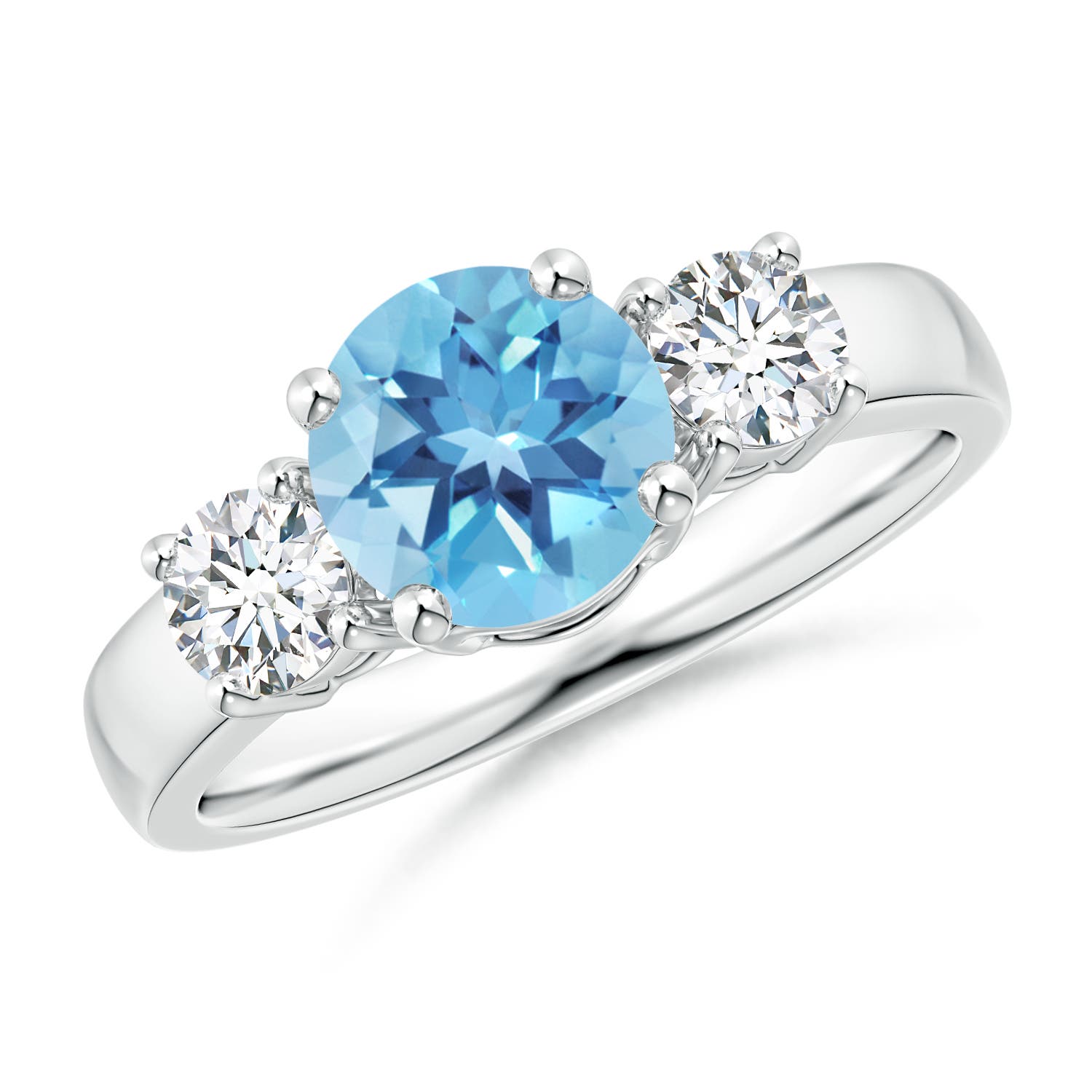 Angara 1.55 Carats Classic Round Swiss Blue Topaz and Diamond Three Stone Engagement Ring in Platinum