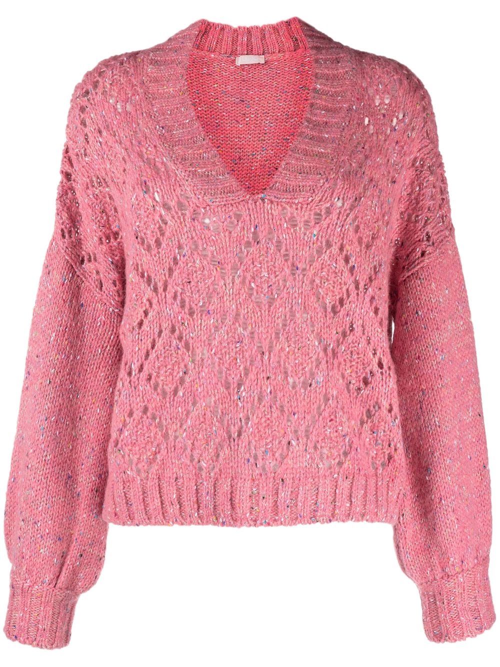 Open-knit V-neck jumper - Pink