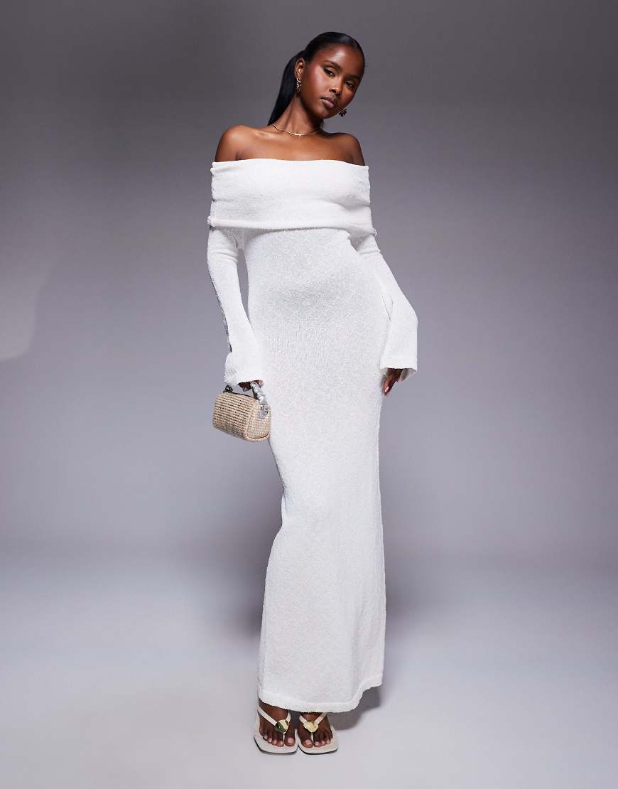 Textured boucle knit bardot foldover maxi dress in cream-Blue