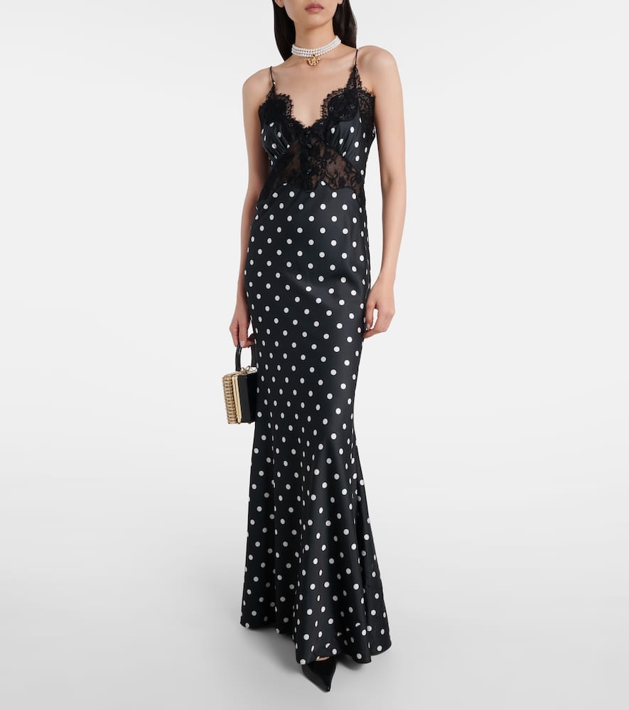 Polka-dot lace-trimmed satin gown