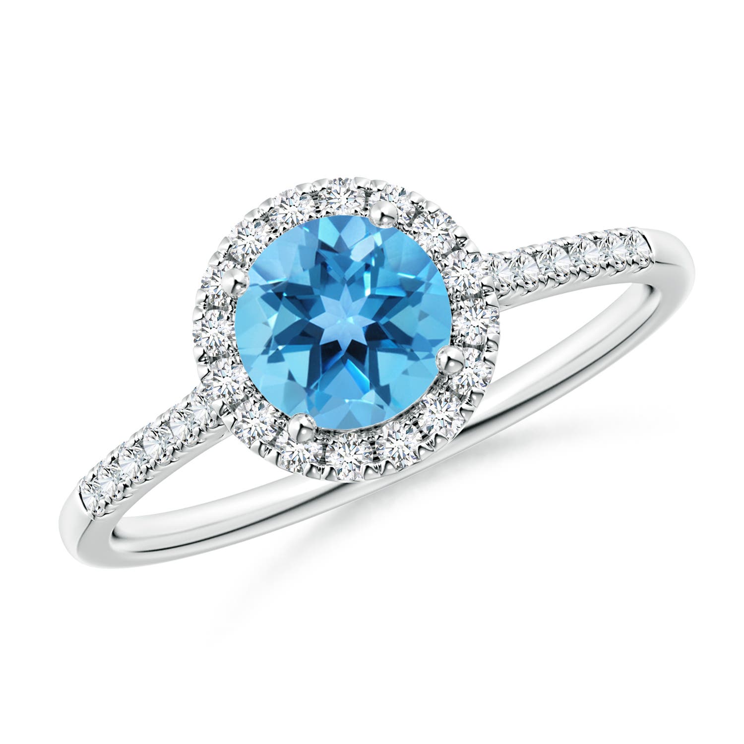 Angara 0.95 Carat Round Swiss Blue Topaz Halo Ring with Diamond Accents in Platinum