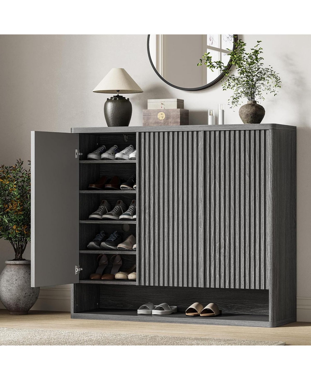 46 Inch Shoe Cabinet Large Shoe Storage Cabinet with Adjustable Shelves Wooden Shoe Organizer with Fluted Door Holds 30-35 Pairs for Entryway