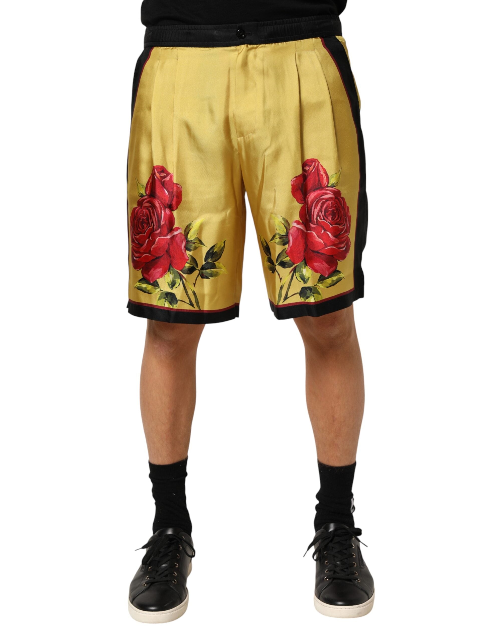 Floral Print Silk Bermuda Shorts — Yellow
