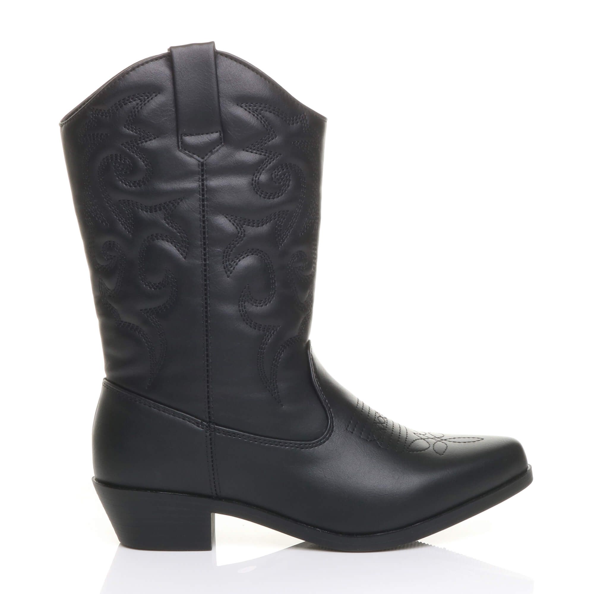 AJVANI Women's Low Cuban Heel Embroidered Cowboy Western Boots in Black