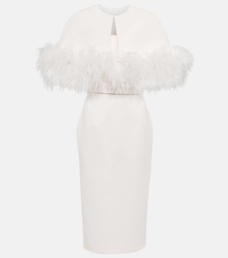 Bridal feather-trimmed crêpe midi dress
