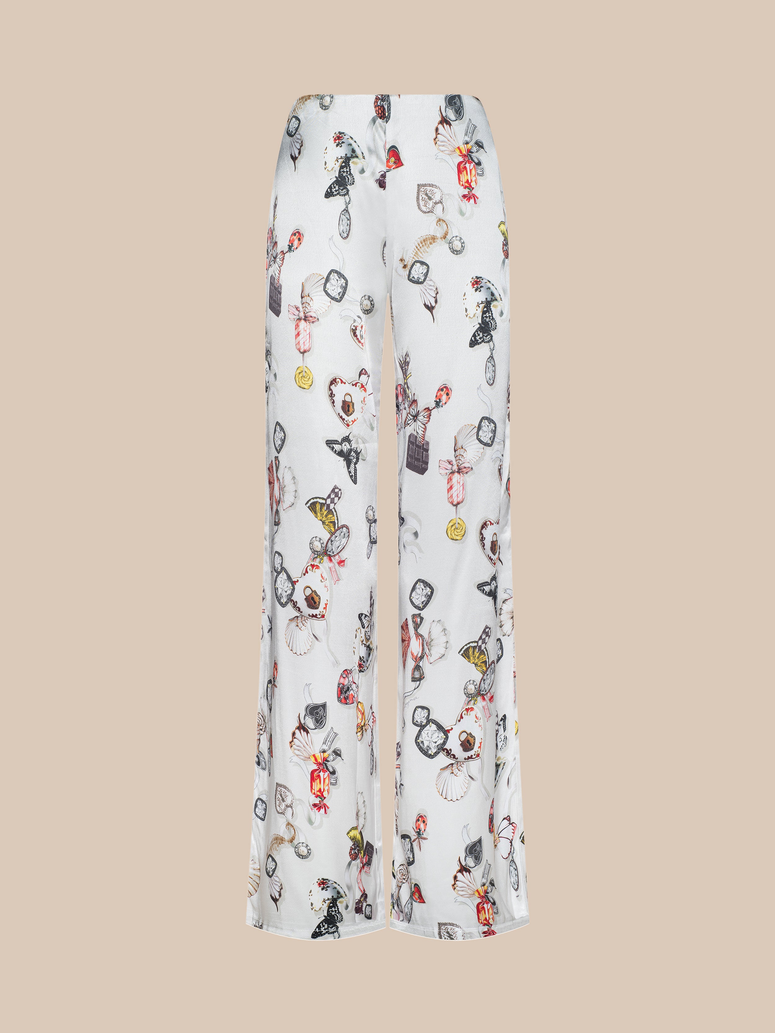 Kimia Satin Pants In Ecru Multi Lock Butterfly