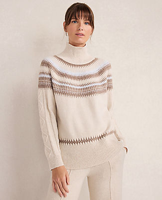 Ann Taylor Haven Well Within Organic Cotton Blend Fair Isle Cable Mock Neck Sweater
