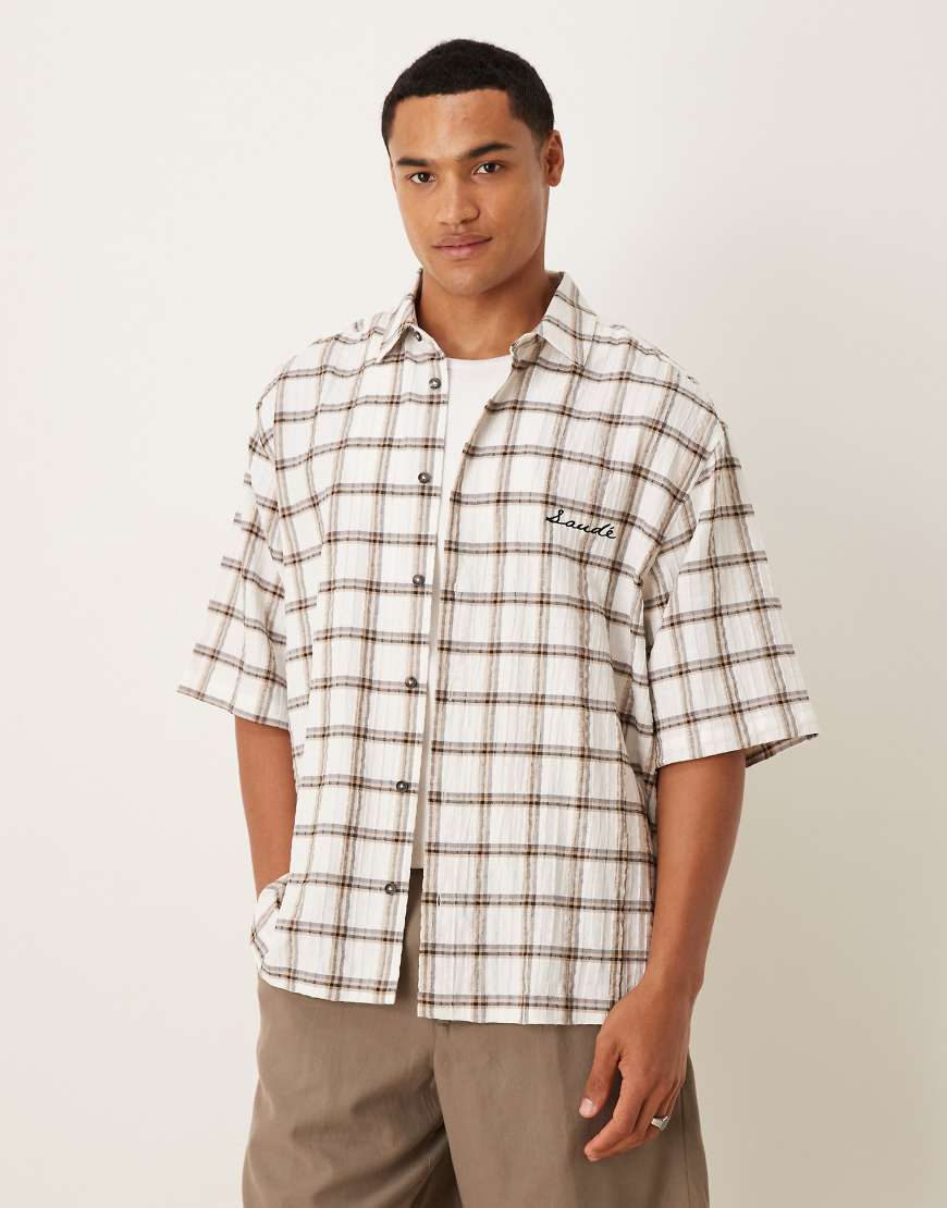 Oversized plaid shirt with chest embroidery in brown