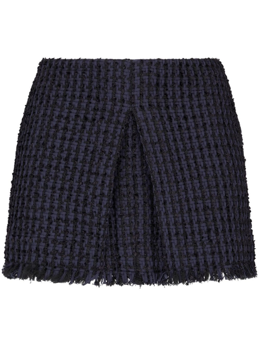 Navy Blue Tweed Frayed-hem Miniskirt
