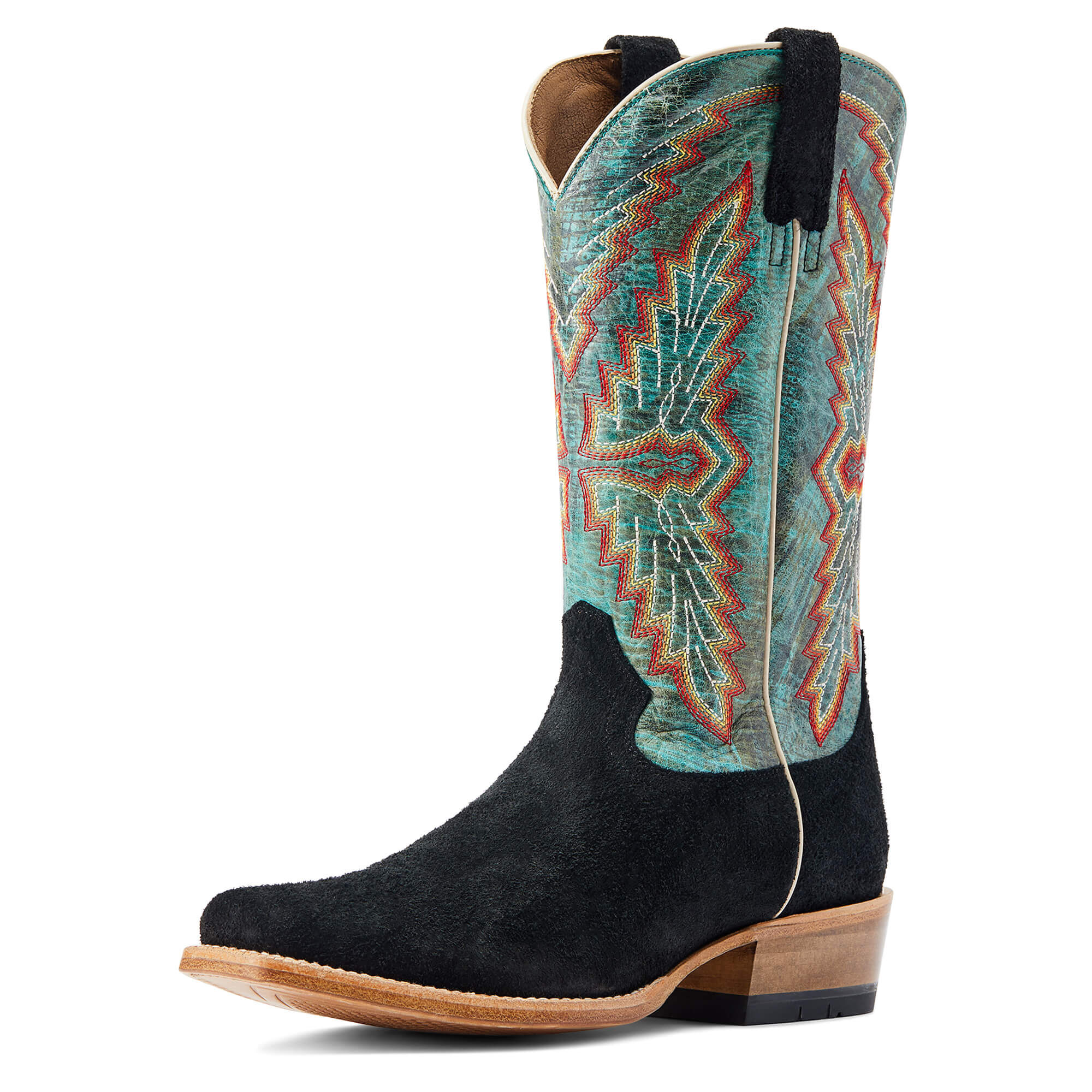Men's Futurity Showman Western Boots in Black Roughout Roaring Turquoise, D Medium Width