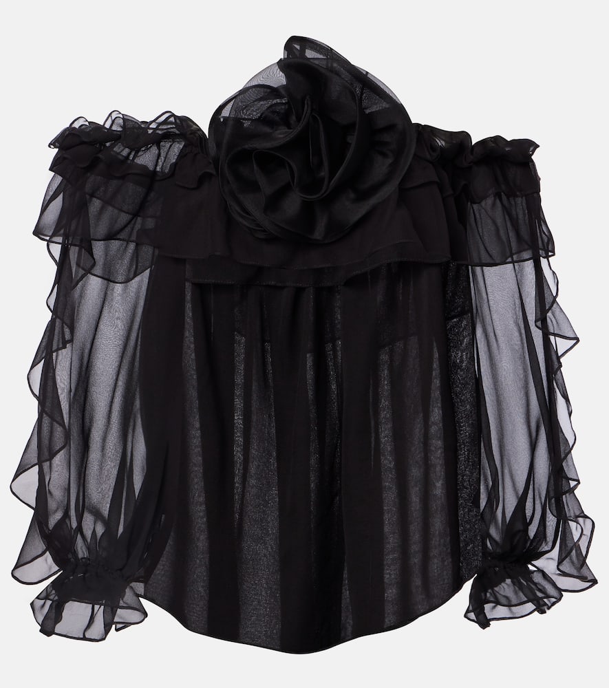Floral-appliqué silk tulle top