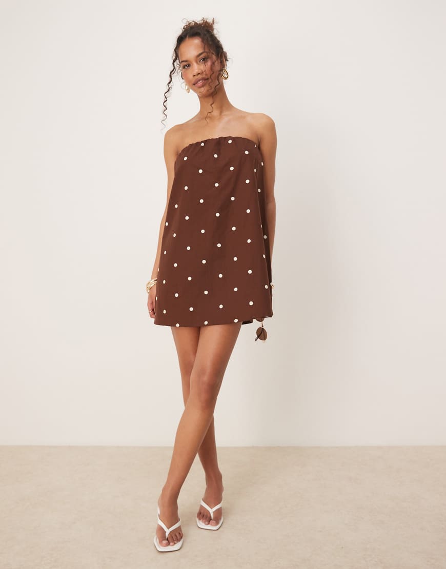 ASOS DESIGN bandeau trapeze mini dress in chocolate polka dots-Multi