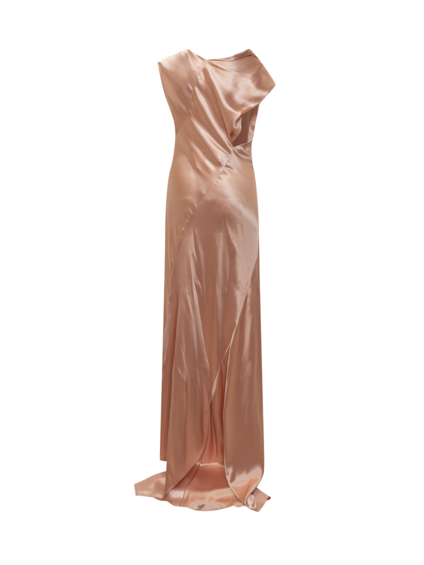 Pink Long Dress With Draped Details In Shiny Satin Woman