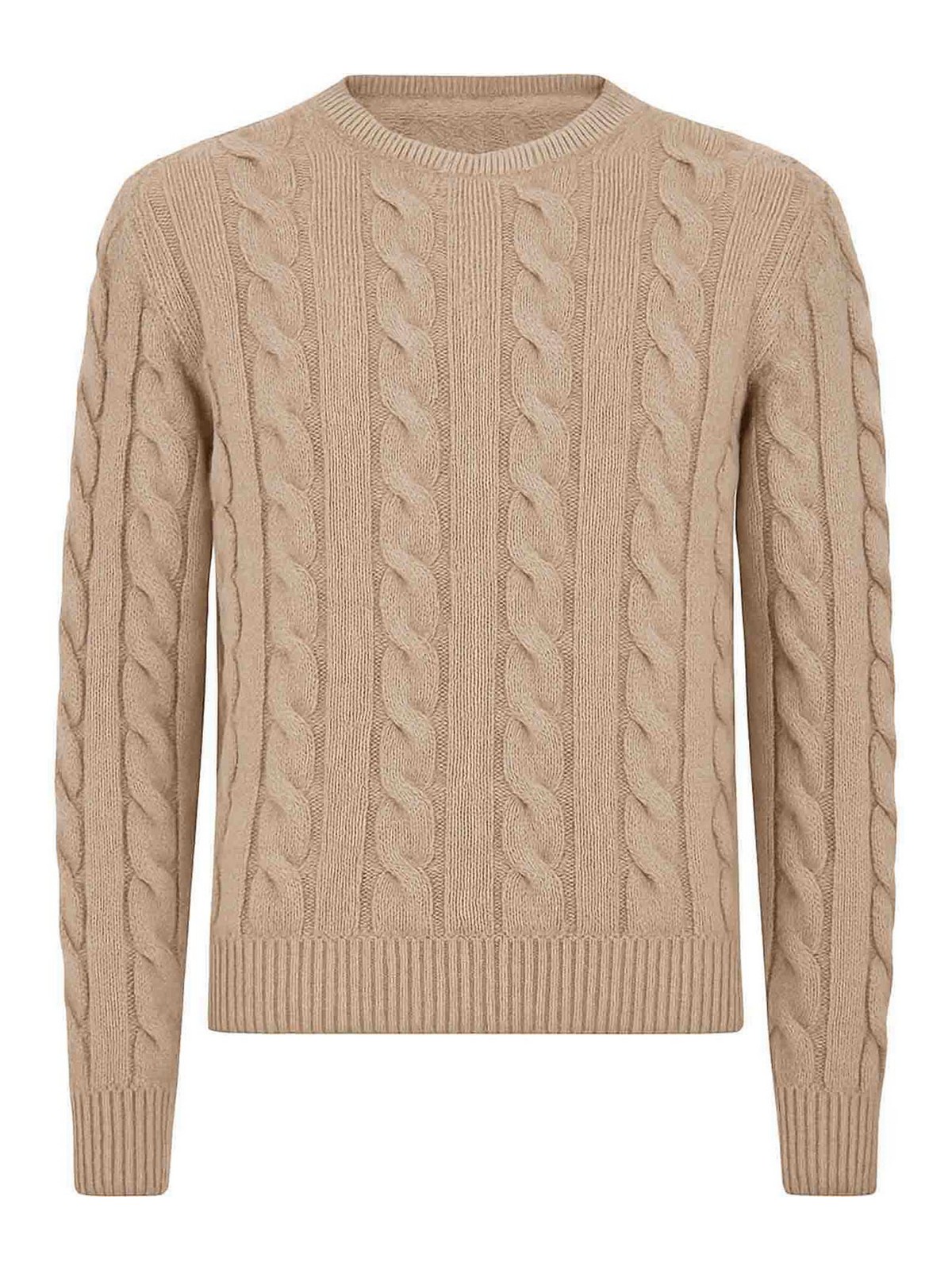 Beige Cashmere Cable Knit Crew Neck Sweater