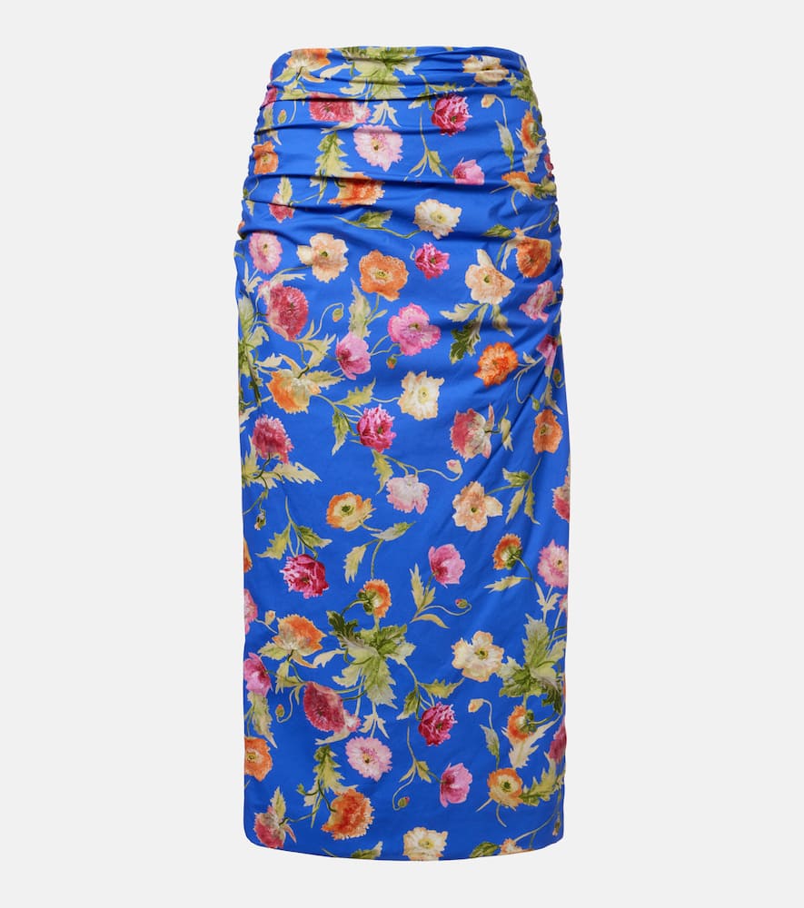 Floral ruched cotton-blend midi skirt
