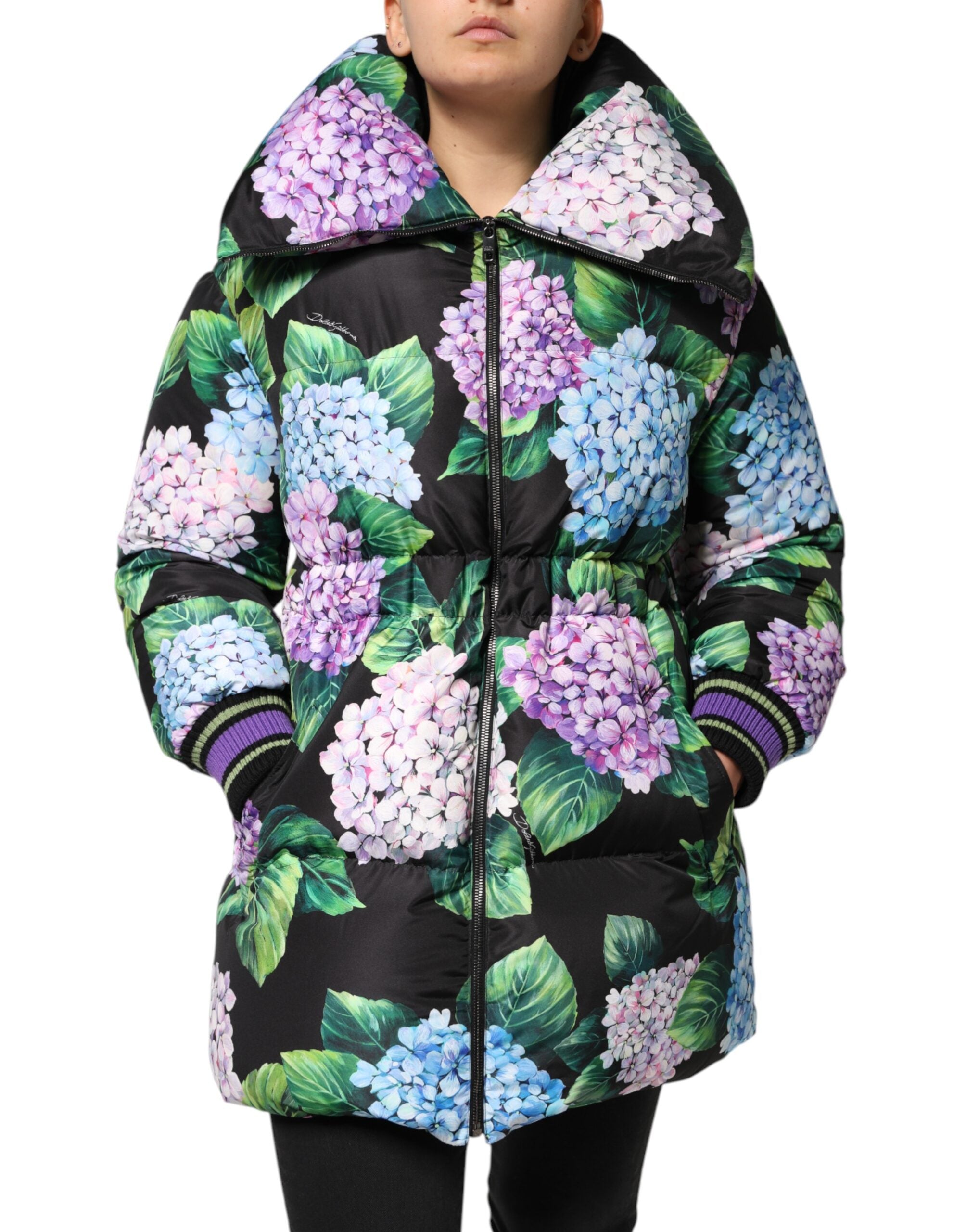 Floral Print Quilted Puffer Jacket — Black